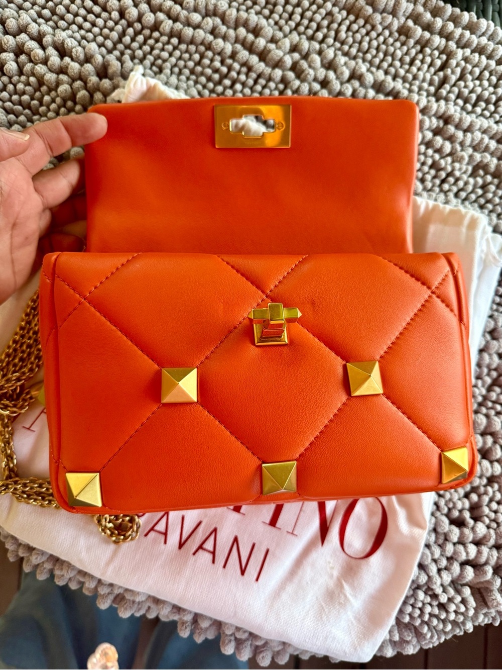 Valentino Orange Quilted Leather Shoulder Bag with Gold Pyramid Studs - Picture 5 of 8